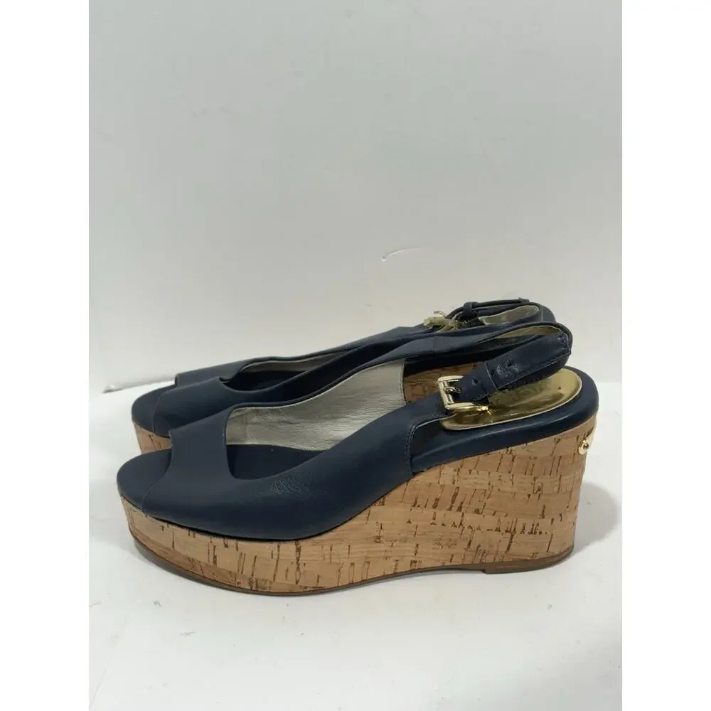Michael Kors Women's Natalia Sling Back Wedge Cork Sandal Leather Peep Toe 5M